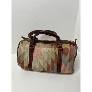 Vintage The Elephant Walk Woven Barrel Kilim Carpet Handbag Leather Brass